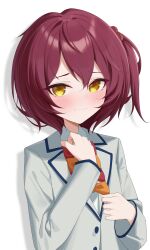 1girl absurdres bow bowtie closed_mouth highres jacket jei_(user_tckk7448) komari_chika long_sleeves looking_at_viewer make_heroine_ga_oo_sugiru! orange_bow orange_bowtie red_bow red_bowtie red_hair school_uniform shadow shirt simple_background solo tsuwabuki_high_school_uniform upper_body white_background white_jacket white_shirt yellow_eyes