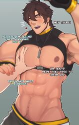 Rule 34 | 1boy, abs, absurdres, armpit hair, armpits, belt, brown hair, english text, gloves, highres, indie virtual youtuber, jeshiikun, kite hasegawa, large pectorals, male focus, muscular, muscular male, pectoral grab, pectorals, smile, yellow eyes