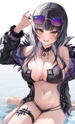 1girl absurdres adapted_costume bikini black_bikini black_choker black_hair black_nails breasts choker cleavage coat eyewear_on_head fangs fur-trimmed_coat fur_trim grey_hair highres hololive hololive_english in_water lace lace_choker large_breasts long_hair looking_at_viewer multicolored_hair navel off_shoulder open_clothes open_coat open_mouth shiori_novella shiori_novella_(1st_costume) shuvi_(shuvi1125) simple_background sitting smile solo split-color_hair stomach sunglasses swimsuit thigh_strap two-tone_hair virtual_youtuber wariza white_background yellow_eyes