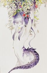 Rule 34 | age iro, au ra, final fantasy, final fantasy xiv, flower, nude, painting (medium), traditional media, watercolor (medium)
