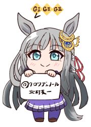 1girl animal_ears beatsheavens0735 blue_eyes blush chibi chrono_genesis_(umamusume) collarbone commentary_request hair_between_eyes hair_ornament highres holding horse_ears horse_girl horse_tail long_hair looking_at_viewer paper school_uniform smile solo tail thighhighs tracen_school_uniform translation_request umamusume