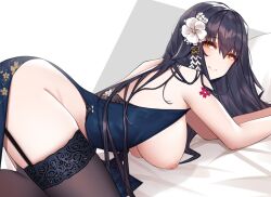 Rule 34 | 1girl, all fours, ass, ass focus, azuma (azur lane), azuma (soft voice of spring) (azur lane), azur lane, bare shoulders, bed, bed sheet, bedroom, black dress, black hair, black thighhighs, blush, breast focus, breastless clothes, breastless clothes, breasts, breasts out, brown eyes, closed mouth, commentary request, dress, flower, hair flower, flower on head, garter straps, hair between eyes, hair flower, hair ornament, hairclip, hanging breasts, large breasts, long hair, looking at viewer, nipples, no bra, on bed, pillow, presenting, puffy areolae, puffy nipples, red eyes, siu (siu0207), smile, solo, thick thighs, thighhighs, thighs, third-party edit, white flower