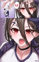 1boy 2girls absurdres anger_vein artist_name black_hair blue_archive blue_skirt breasts broken_heart brown_hair cleavage collarbone djqn_gts giant giantess gym_uniform hair_between_eyes hasumi_(blue_archive) hasumi_(track)_(blue_archive) heart highres huge_breasts imminent_vore jacket long_hair long_sleeves mole mole_under_eye multiple_girls official_alternate_costume original pleated_skirt red_eyes shirt short_hair size_difference skirt spoken_broken_heart uvula white_shirt