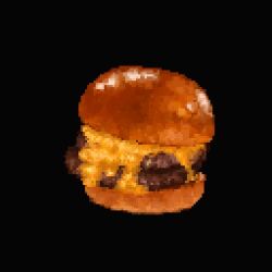 Rule 34 | beef, black background, bread bun, burger, cheese, cheese trail, food, food focus, hisachan55cute, no humans, original, pixel art, simple background, steaming food, still life
