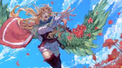 1girl black_clover blue_sky boots cape capelet cloud corset earrings flower frilled_boots frills fur-trimmed_capelet fur_trim green_wings highres jewelry leaf_wings long_hair long_sleeves looking_at_viewer mimosa_vermillion open_mouth orange_hair outstretched_hand plant_wings puffy_shorts reaching reaching_towards_viewer red_cape red_corset red_flower red_petals ribbed_shirt shirt short_shorts shorts side_cape sky solo thigh_boots white_capelet white_shirt white_shorts wings xingji20108 yellow_eyes