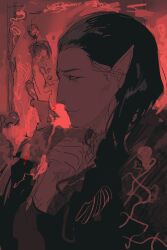 1boy baldur&#039;s_gate baldur&#039;s_gate_3 black_hair cazador_szarr dungeons_&amp;_dragons dungeons_&amp;_dragons earrings hair_slicked_back highres jewelry monochrome monolids pointy_ears profile red_eyes red_theme skeleton sketch solo upper_body vihua6