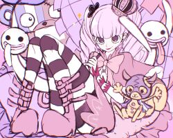 1girl arms_up blunt_bangs boots bow bowtie capelet commentary crazy_otama crown drill_hair ghost highres holding holding_umbrella kumacy lower_eyelashes_only mask mouth_mask one_piece pantyhose perona pink_bow pink_bowtie pink_theme red_lips risky_brothers_zombies sitting skirt smile sparkle striped_clothes striped_pantyhose tongue tongue_out twintails umbrella
