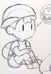 artist_request bad_tag black_hair burger child hat legs lucas_(mother_3) mother_(series) mother_2 mother_3 ness_(mother_2) nintendo shirt shoes shorts shota socks super_smash_bros super_smash_bros. traditional_media
