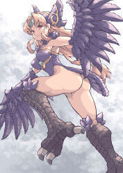 Rule 34 | 1girl, ass, bird legs, black leotard, black wings, blonde hair, commentary request, corruption, dark persona, feathered wings, harpy, highres, leotard, long hair, looking at viewer, monster girl, monsterification, red eyes, riesz, seiken densetsu, seiken densetsu 3, solo, talons, winged arms, wings, yoblo