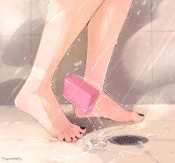 1girl artist_name barefoot bath bathing black_nails commentary feet head_out_of_frame nail_polish nude original shower_(place) soap solo squeezable_(squeezabledraws) standing symbol-only_commentary toenail_polish toenails toes violet_(squeezable) water wet