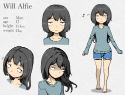 1boy androgynous barefoot black_hair grey_shirt jitome long_hair long_sleeves male_focus musical_note nama_(ogs3rrmfe) naraku naraku_1 official_art reference_sheet shirt shorts spoken_musical_note trap will_alfie