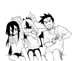 Rule 34 | 1boy, 2girls, asahina yoshitoshi, blue archive, clenched teeth, controller, game controller, greyscale, hair between eyes, halo, holding, holding controller, holding game controller, horns, kayoko (blue archive), kei (blue archive), long hair, monochrome, multiple girls, open mouth, playing games, pointing, pointing at viewer, rectangular halo, sensei (blue archive), shirt, short sleeves, shorts, single wing, sitting, teeth, very long hair, wings