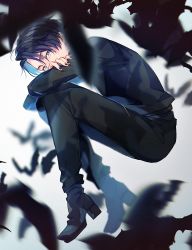 1boy aam09212 adk-em aqua_eyes bandai bandai_namco bat_(animal) black_footwear black_hair black_nails black_pants crossed_arms flying goth_fashion highres ishimori_prod kagerou_(kamen_rider_revice) kamen_rider kamen_rider_revice knees_up long_sleeves looking_at_viewer lying male_focus nail_polish on_side pants shoes short_hair simple_background toei_company tokusatsu tv_asahi white_background