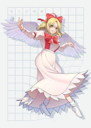 Rule 34 | 1girl, absurdres, angel wings, blonde hair, bow, dress, feathered wings, gengetsu (touhou), grid, guumin, hair bow, highres, juliet sleeves, long sleeves, lotus land story, no shoes, puffy sleeves, red bow, short hair, smile, socks, solo, suspenders, touhou, touhou (pc-98), warped, white socks, white wings, wings