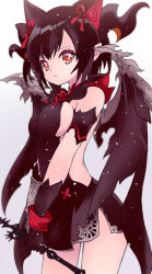 Rule 34 | 1girl, animal ears, bare shoulders, black dress, black wings, blurry, blurry background, breasts, brown eyes, brown gloves, brown hair, closed mouth, commentary request, depth of field, dragon girl, dragon horns, dragon wings, dress, female focus, gloves, gradient background, grey background, hair between eyes, hair ribbon, highres, holding, horns, medium breasts, myr (p&amp;d), pikomarie, pointy ears, puzzle &amp; dragons, red ribbon, ribbon, sideboob, sleeveless, sleeveless dress, solo, white background, wings