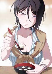1girl alternate_costume bang_dream! black_hair bracelet breasts collarbone food highres holding holding_spoon jewelry kitayu large_breasts plate pov short_hair simple_background sitting smile solo spoon yashio_rui
