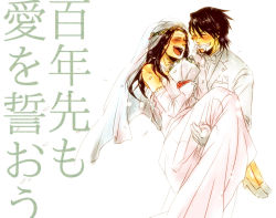 Rule 34 | 10s, 1boy, 1girl, ^ ^, bad id, bad pixiv id, bare shoulders, black hair, blush, bouquet, carrying, closed eyes, couple, dress, flower, formal clothes, gloves, grin, hetero, high heels, holding, kaburagi t. kotetsu, kaburagi tomoe, long hair, petals, princess carry, rtmg, shoes, smile, suit, tiger &amp; bunny, translation request, veil, wedding dress, white background, white gloves