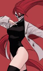 1girl acrobatic_silky_(dandadan) alternate_form asymmetrical_mask coat dandadan divadiva548447 leotard mask mouth_mask pink_hair shiratori_aira_(dandadan) solo tall_hair transformation