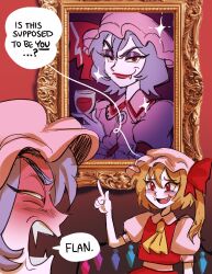 Rule 34 | 2girls, angry, ascot, bat wings, blonde hair, blue hair, blush, crystal, crystal wings, eyeshadow, fangs, flandre scarlet, flandrepudding, hat, hat ribbon, highres, laughing, lips, makeup, mob cap, multiple girls, open mouth, portrait (object), purple eyeshadow, red eyes, remilia scarlet, ribbon, short hair, short sleeves, side ponytail, smile, touhou, v-shaped eyebrows, wings