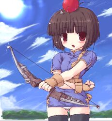 1girl 2000s_(style) apple_on_head archer_(ragnarok_online) arrow_through_apple bad_id black_thighhighs blue_dress blue_sky blunt_bangs blush bob_cut bow_(weapon) brown_eyes brown_gloves brown_hair cloud cowboy_shot day dress gloves holding holding_bow_(weapon) holding_weapon looking_at_viewer muneate oekaki open_mouth outdoors panties pantyshot ragnarok_online shigeryun short_dress short_hair short_sleeves sky smile solo sun thighhighs underwear weapon white_panties