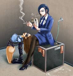 2girls armbinder ass bdsm black_pantyhose blazer blindfold blue_hair blue_jacket blue_shirt blue_skirt bondage book bound bound_arms bound_leg brown_hair cigarette femdom gag gagged high_heels highres holding holding_book jacket kokumotsu_no_ame_ga_furu_doshaburi_no_ame_ga long_hair low_ponytail multiple_girls office_lady original pantyhose pencil_skirt ponytail reading restrained ring_gag shirt sitting skirt smoking spider_gag torture white_shirt