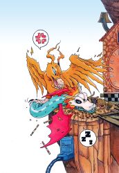 airdramon anger_vein angry antennae bird birdhouse birdramon blue_eyes claws clock closed_eyes commission cuckoo_clock digimon digimon_(creature) dragon electric_plug fake_horns fiery_wings helmet highres horned_helmet horns looking_at_another looking_down narrowed_eyes nest open_mouth orange_feathers orange_hair painting_(medium) phoenix red_wings sharp_teeth short_hair sleeping speech_bubble spoken_anger_vein spoken_zzz squinting stepped_on talons taragraphika teeth torn_wings traditional_media twig u_u watercolor_(medium) wings wyvern zzz