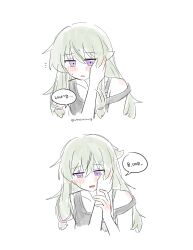 Rule 34 | 2girls, absurdres, black tank top, blush, commentary request, green hair, hand on another&#039;s face, highres, holding another&#039;s wrist, korean commentary, korean text, kusanagi nene, long hair, multiple girls, ootori emu, parted lips, project sekai, purple eyes, simple background, speech bubble, strap slip, sweat, tank top, translation request, wheloo3rd, white background, yuri
