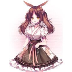 1girl animal_ears arm_at_side artist_name black_choker bow brown_hair choker closed_mouth collarbone commentary cowboy_shot cross-laced_clothes cross-laced_sleeves english_commentary frilled_kimono frilled_skirt frills hair_bow japanese_clothes kimono kimono_skirt lips lolita_fashion long_hair orange_eyes original outline parted_bangs petticoat pink_bow puffy_short_sleeves puffy_sleeves rabbit_ears rabbit_girl ribbon-trimmed_sleeves ribbon_trim sasucchi95 short_sleeves simple_background skirt smile solo standing twintails wa_lolita white_outline yumiko_(sasucchi95)
