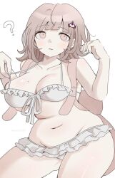 1girl ? animal_bag blunt_bangs breasts cat_bag collarbone cowboy_shot danganronpa_(series) danganronpa_2:_goodbye_despair galaga hands_up ikemen&#039;na_ore-shi large_breasts looking_at_viewer medium_hair mole mole_on_breast nanami_chiaki navel pink_bag pink_eyes shiny_skin simple_background solo stomach white_background