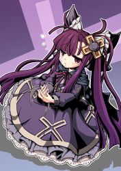 Rule 34 | absurdres, alucard lore, black cloak, black dress, blood, bow, cloak, dress, drooling blood, emil chronicle online, familiar, frilled bow, frilled dress, frills, frolyflow2, highres, long hair, purple hair, raised inner eyebrows, red eyes, red ribbon, ribbon, sitting, sleepy, twintails, vampire