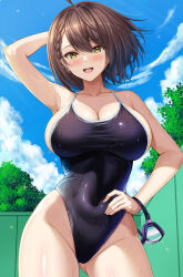 1girl azur_lane baltimore_(azur_lane) bare_shoulders black_one-piece_swimsuit blush braid breasts brown_hair cleavage covered_navel highleg highleg_one-piece_swimsuit highres large_breasts looking_at_viewer one-piece_swimsuit open_mouth shibata_rai short_hair smile solo swimsuit thighs yellow_eyes