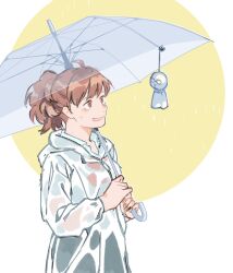 1girl breasts brown_eyes brown_hair coat doll holding holding_umbrella ine_(goin) looking_up medium_breasts persona persona_3 persona_3_portable ponytail rain raincoat see-through_clothes shiomi_kotone smile solo sweat sweatdrop umbrella water_drop wet wet_clothes white_background yellow_circle