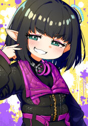 1girl black_hair black_jacket eyebrows_hidden_by_hair final_fantasy final_fantasy_xiv flat_chest green_eyes headphones headphones_around_neck highres jacket lalafell looking_at_viewer makeup nail_polish open_mouth pointy_ears short_hair sifserf smile solo sugar_riot upper_body v