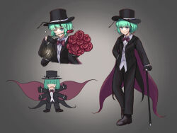 1girl alternate_costume androgynous antennae black_cape black_gloves black_hat black_jacket black_pants black_shoes blue_eyes bow bowtie buttons cane cape chibi chibi_inset closed_mouth collared_shirt commentary crossdressing english_commentary extra_arms flower full_body gloves green_hair grey_background grin hat highres holding holding_cane jacket long_sleeves looking_at_viewer multiple_views one_eye_closed open_mouth pants purple_bow purple_bowtie purple_cape red_flower red_rose reverse_trap rose shirt shoes short_hair smile sparkle standing there2007 top_hat touhou two-sided_cape two-sided_fabric white_shirt wriggle_nightbug