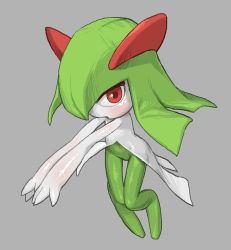 1girl blush colored_skin dress female_focus full_body gen_3_pokemon green_hair grey_background horns kirlia loli looking_at_viewer nintendo no_humans open_mouth pokemon red_eyes simple_background standing tosx white_skin
