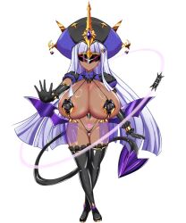 1girl areola_slip black_gloves black_thighhighs breasts commission corruption curvy dark-skinned_female dark_skin demon_girl demon_tail doumyouji_kotetu elbow_gloves full_body gloves hat heart heart_tattoo highres huge_breasts long_hair low_wings mask mochiba_hachi pubic_tattoo simple_background skeb_commission slave_gear slave_rain slingshot_swimsuit smile solo swimsuit tachi-e tail tan tattoo thighhighs transparent_background ts_magical_girl_nao very_long_hair wings