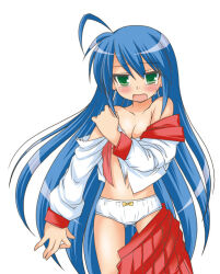 ahoge blue_hair bow bow_panties cotton_panties green_eyes hanapin izumi_konata long_hair lucky_star mole mole_under_eye panties red_sailor_collar red_skirt ryouou_school_uniform sailor_collar school_uniform serafuku skirt skirt_around_one_leg tears torn_clothes underwear white_background white_panties