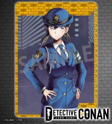Rule 34 | 1girl, armband, black hair, blue eyes, blue hat, blue necktie, blue skirt, card (medium), closed mouth, collared shirt, copyright logo, copyright notice, emblem, female service cap, green armband, hands on own hips, hat, highres, japan national police, kusunokinawate, long sleeves, looking at viewer, low twintails, medium hair, meitantei conan, miike naeko, necktie, official art, outdoors, pencil skirt, police, police hat, police uniform, policewoman, sample watermark, shirt, skirt, smile, solo, standing, twintails, watermark, white shirt