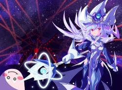 1girl blue_dress colored_skin dragon dress duel_monster evanhehehe gandora_the_dragon_of_destruction gloves grey_hair hat highres hip_vent holding holding_staff long_hair marshmallon pink_skin purple_eyes silent_magician smile staff tabard white_gloves white_hat white_tabard wizard_hat yu-gi-oh!