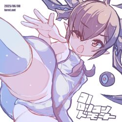 1girl ;o ahoge armpits backbeako_(torotei) backbeard black_hair black_neckerchief black_ribbon blush breasts commentary dated dated_commentary dress eyes_visible_through_hair gegege_no_kitarou hair_over_one_eye hair_ribbon kono_lolicon_domome loli long_hair looking_at_viewer neckerchief one_eye_closed open_mouth original outstretched_arm outstretched_hand paid_reward_available panties pointy_ears red_eyes ribbon simple_background sleeveless small_breasts solo thighhighs torotei translated twintails underwear upskirt watermark web_address white_background white_dress white_panties white_thighhighs