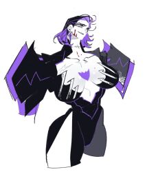 1girl between_breasts black_dress blood blood_on_face bob_cut breasts breasts_apart cleavage colored_inner_hair commentary cowboy_shot decepticon dress earrings female_focus galvatron genderswap genderswap_(mtf) head_tilt highres jewelry korean_commentary logo magicalambansu mature_female mecha_musume multicolored_hair muscular muscular_female open_clothes parted_lips personification purple_eyes purple_hair side_slit simple_background smile smug solo stitches thick_thighs thighs transformers white_background