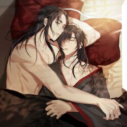 2boys alternate_hairstyle bed black_hair black_hanfu blanket chinese_clothes closed_eyes collarbone couple hair_down hair_over_one_eye hanfu highres jujeop korean_commentary lan_wangji long_hair looking_at_viewer lying male_focus modao_zushi multiple_boys on_back on_bed on_side open_clothes open_robe parted_lips pectoral_cleavage pectorals pillow ribbon robe sleeping sunlight topless_male under_covers wei_wuxian white_ribbon wide_sleeves yaoi yellow_eyes
