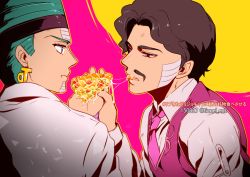Rule 34 | 2boys, beehive hairdo, black hair, brothers, daniel j. d&#039;arby, earrings, facial hair, facial mark, food, green hair, headband, jewelry, jojo no kimyou na bouken, male focus, multiple boys, mustache, necktie, pizza, red eyes, saliva, saliva trail, siblings, stardust crusaders, tattoo, terence t. d&#039;arby, tianel ent, vest
