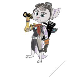 1girl blue_eyes eeoneguy356 eyewear_on_head furry glasses grey_hair hammer holding holding_hammer mechanical_arms original ratchet_&amp;_clank rivet_(ratchet_&amp;_clank) roman_drawing single_mechanical_arm