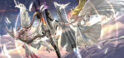 Rule 34 | 2girls, absurdres, ace combat, adfx-02 morgan, afterburner, aircraft, airplane, angel, angel wings, bandai namco, bird, blonde hair, brown hair, cloud, cloudy sky, commentary, company connection, damaged, doragodesu (user egxc7832), dress, emily stewart, english commentary, falling feathers, feathers, fighter jet, fire, flying, hakozaki serika, halo, high heels, highres, idolmaster, idolmaster million live!, isaf, lens flare, long hair, looking at another, military, military vehicle, multiple girls, outdoors, outstretched arm, shoes, sky, traditional halo, twintails, white bird, white dress, white feathers, white shoes, white wings, wings, x-02 wyvern