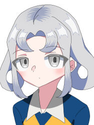 1girl akasode_matsuri_(inazuma_eleven) blue_shirt closed_mouth collar grey_eyes grey_hair inazuma_eleven_(series) inazuma_eleven_victory_road looking_at_viewer medium_hair raimon raimon_soccer_uniform shirt sidelocks simple_background soccer_uniform solo sportswear two-tone_shirt upper_body user_gnzw3387 white_background white_collar yellow_shirt