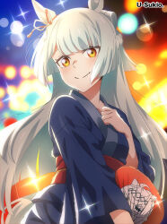 Rule 34 | 1girl, absurdres, animal ears, artist name, blue pants, blue shirt, blunt ends, blurry, bokeh, bow, braid, character print, closed mouth, commentary, crown braid, depth of field, ear ribbon, fujimasa march (umamusume), half updo, hand fan, hand on own chest, highres, holding, holding fan, horse ears, horse girl, horse tail, japanese clothes, long hair, long sleeves, looking at viewer, oguri cap (umamusume), pants, paper fan, red sash, sash, shirt, smile, solo, sparkle, standing, straight hair, tail, u-sukio., umamusume, umamusume: cinderella gray, yellow eyes