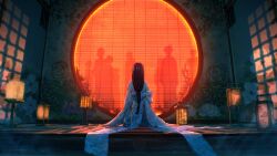 1girl absurdres andon_(lighting) architecture bamboo_screen black_hair commentary_request east_asian_architecture floor_lamp from_behind highres japanese_clothes kimono lamp long_hair original people scenery shadow shuu_illust sitting very_long_hair