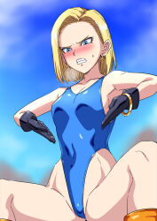 1girl android_18 angry armpits blonde_hair blue_eyes blue_leotard blush bracelet breasts cleavage dragon_ball dragonball_z earrings gloves hai_(h81908190) haigure_pose highleg highleg_leotard jewelry leotard medium_breasts outdoors short_hair sky thong_leotard
