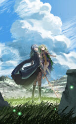 2girls absurdres black_boots black_shorts blue_hair blue_sky boots brown_pantyhose closed_mouth cloud commentary_request day female_byleth_(fire_emblem) fire_emblem fire_emblem:_three_houses floating floating_hair grass green_hair highres holding holding_sword holding_weapon long_hair multiple_girls nintendo outdoors pantyhose profile shorts sky sothis_(fire_emblem) sword sword_of_the_creator tngtaku twintails very_long_hair weapon